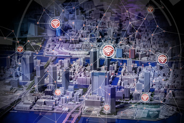 Fototapete - smart city diorama and wireless communication network, internet of things, abstract image visual