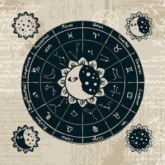 Poster - zodiac with the sun, moon and constellations against the background of the papyrus with different symbols and pentagrams