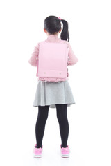 Wall Mural - Back of Asian schoolgirl with pink school bag on white background isolated