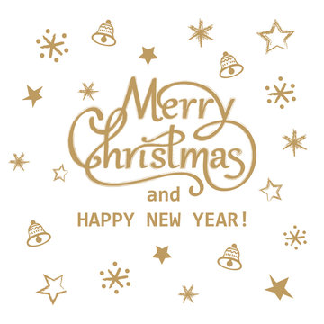 Merry Christmas and Happy New Year golden hand drawn lettering greeting card design
