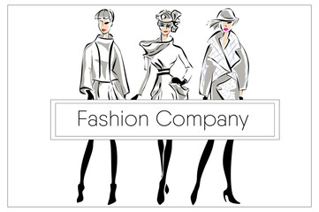 Wall Mural - Black and white retro fashion women models set with boutique logo vector background