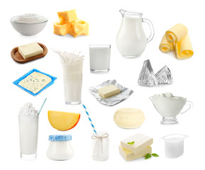 Poster - Different types of dairy products on white background. Dairy food collage.