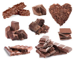 Poster - Collage of delicious chocolate on white background