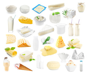 Wall Mural - Different types of dairy products on white background. Dairy food collage.