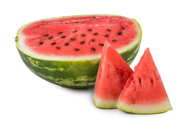 Wall Mural - Half of watermelon with seeds in the section. Two triangular pieces of watermelon. Isolated on white background.