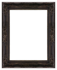 Black vintage grunge wooden picture frame isolated on white back