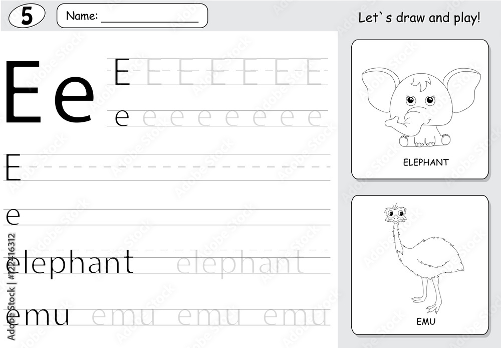 Emu Writing Cartoon elephant and emu. Alphabet tracing worksheet: writing A- Stock ...
