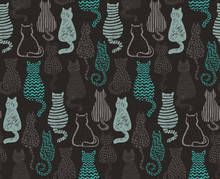 Vector Seamless Pattern With Hand Draw Textured Cats