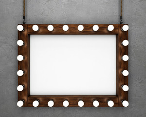 Wall Mural - Wooden frame on concrete background illuminated by light bulbs. 3D rendering