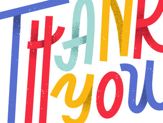 Thank you greeting card, colorful custom lettering that expands beyond the frame