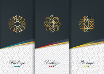 Wall Mural - Vector set of templates packaging,black labels and frames for packaging for luxury products in geometric trendy linear style,identity,branding,golden pattern in trendy linear style,vector illustration