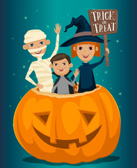 Wall Mural - Kids in Halloween costumes mummies, vampire and witches are sitting in a pumpkin with sign Trick or Treat. Kids in Halloween festive design concept. Beggars Night october holiday. All Hallows Evening.