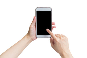 Close up hand woman holding phone and touchscreen on isolated wh