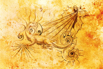 Leinwandbilder - drawing of ornamental dragon and sun with wine leaf on old paper background, computer collage and color structure.