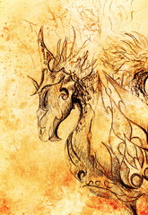 Fototapete - drawing of ornamental dragon on old paper background  and sepia color structure.