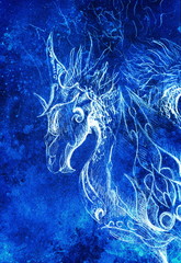 Poster - Drawing of ornamental dragon. computer collage and blue color structure. Winter effect.