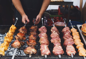 Wall Mural - Beef and pork kebab. Fresh meat at grill, bbq