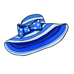 Blue stripped summer cartoon hat whit bow for game design. Isolated vector illustration