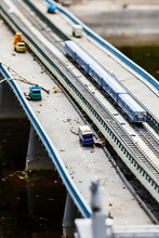 Abandoned Transport Bridge With Cars And The Subway Train. Concept Appokalipsis. Accident