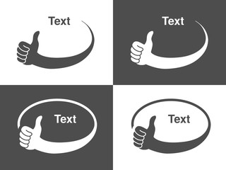 Vector hand gesture icons for advertising text, dark grey and white circular symbols, monochrome best choice labels