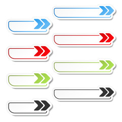 Poster - Vector arrow buttons. Black, green, blue and red arrows on the white simple stickers, rectangle with rounded corners.