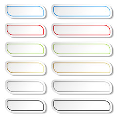 Poster - Vector buttons. Black, green, blue, golden, grey and red lines on white simple stickers, rectangle with rounded corners.
