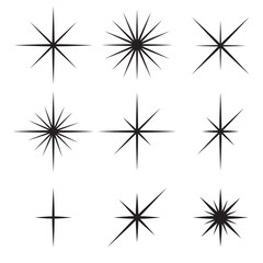 Vector set of sparkle lights stars. Stars with rays, explosion, fireworks.