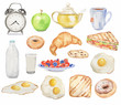 Watercolor breakfast set. Meals for morning as croissant, fried eggs, bacon, tea and more. Fresh and tasty snack.