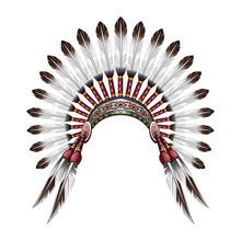 Native American Indian Headdress. Red Indian Tribal Chief Headdress With Feathers. Feather Headdress. Vector Colorful Illustration Isolated On White Background