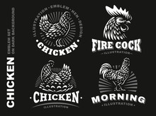 Set Chicken Emblem On Dark Background