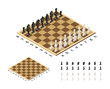 Classical chessboard with chess figures in isometric view on white