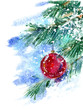Christmas tree and toy.Pine branch and snowflakes.Watercolor hand drawn illustration.White background.