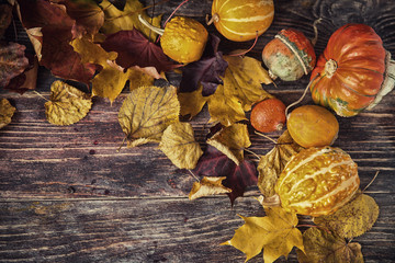 Autumn still life with pumpkins and leaves on old wooden backgro