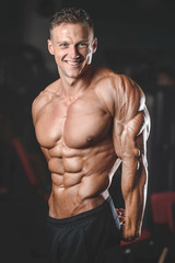handsome muscular bodybuilder man doing exercises in gym