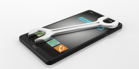 Poster - Spanner on a smartphone. 3d illustration