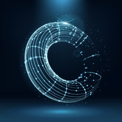 Poster - Neon vector background with lines and connection points. Abstract wireframe sphere. The idea of science, digital technology and global communication.