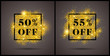 50% and 55% off luxury sales signs or tags with luxury golden glitter explosion