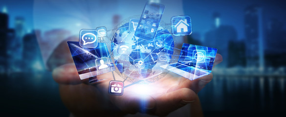 Poster - Tech devices and icons connected to digital planet earth