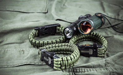 Military paracord bracelet, tactical torch and spy-glass