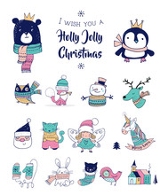Christmas Hand Drawn Cute Doodles, Stickers, Illustrations. Penguin, Bear, Fox And Bunny