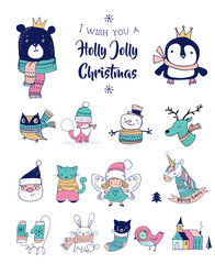 Wall Mural - Christmas hand drawn cute doodles, stickers, illustrations. Penguin, bear, fox and bunny