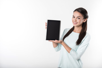 Sticker - Cheerful woman holding tablet