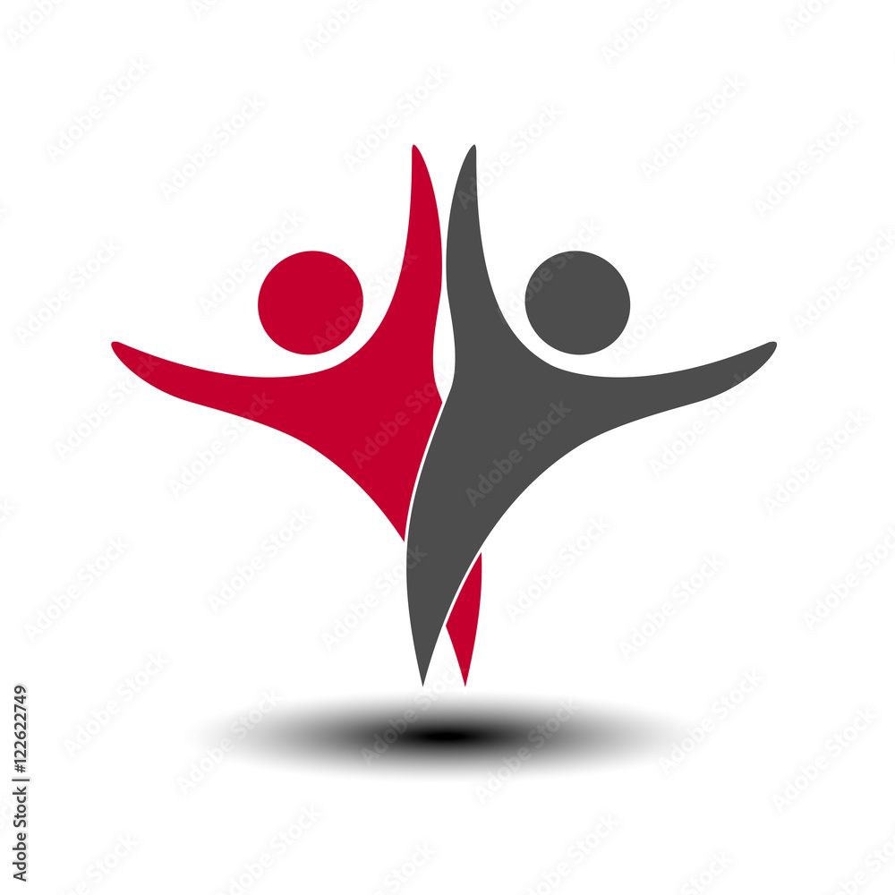 Vector together joined people icon. Red and grey community symbol. Human sign of two partners. Silhouttes of body with transparency shadow. Symbol of succes.