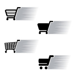 Poster - Vector symbol quick purchase, silhouette of shopping trolley.  Simple shopping cart, add to cart item, buy button. Green, grey, blue, red and white color.