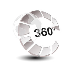 Fototapete - Vector symbol for virtual tour, glossy silver arrow with globe - button with the inscription 360 and with symbol of wolrd.