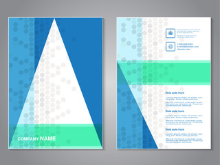 Wall Mural - Vector modern brochure with triangle design, abstract flyer with grey dotted background. Layout template. Aspect Ratio for A4 size. Poster of blue, green, grey and white color. Magazine cover.