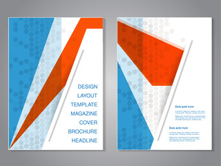 Wall Mural - Vector modern brochure with abstract design, flyer with grey dotted background. Layout template. Aspect Ratio for A4 size. Poster of blue, orange, grey and white color. Magazine cover.