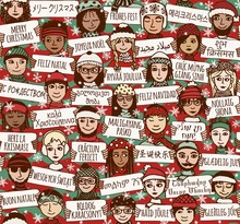 Seamless Pattern Of A Group Of Hand Drawn People Holding "Merry Christmas" Signs In Different Languages