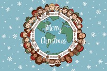 Christmas Around The World - Hand Drawn Doodle Families With Merry Christmas Signs In Different Languages