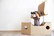 © Africa Studio - Little boy playing with cardboard ship on white wall background